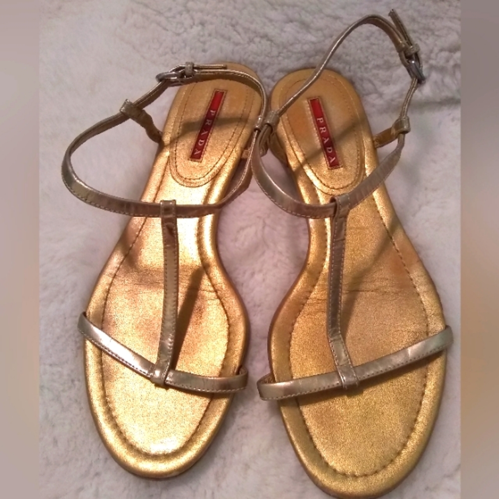 Prada Metallic Gold Flat Strappy Sandals